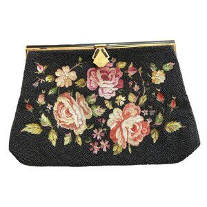 Stunning Black Glass Beaded & Point de Beauvais Embroidered Flowered Purse